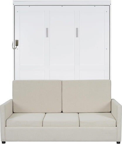 Murphy Bed Full Size Wall Bed with Sofa,Can Be Folded,Multifunctional Wood Hideaway Cabinet Bed Frame,Slat Support,Save Space,For Apartment,Guest Room,White4