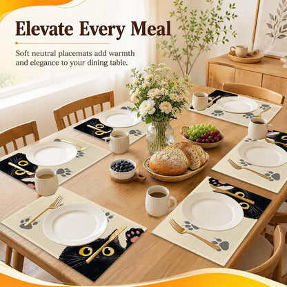Dining Table Placemats Set of 6, Black Cat Paw Linen Table Mats 12 X 18 Inch, Washable Waterproof Stain Resistant Reusable Place Mats for Kitchen, Home Party Decor, Daily Use5