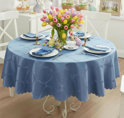 Ribbons and Bows Damask Fabric Tablecloth, Blue, 70 Inch Round, Wrinkle & Stain Resistant Table Cover1
