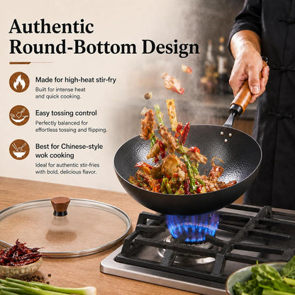 11" round Bottom Carbon Steel Wok with Glass Lid, Traditional Chinese Stir Fry Pan for Gas Stove & Wok Ring, 3.2 QT Small Wok for 1–3 People, Uncoated, Wood Handle, Seasoning Required2