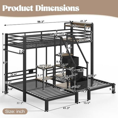 Twin Triple Bunk Bed for 3 with Storage Stair and Drawers, Black2