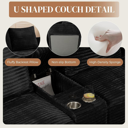 127" U Shaped Cloud Couch Modular Sectional Sofa, Comfy Fluffy Corduroy Black Boneless Sectional Couches for Living Room, Modern Cloud Sofas with Cup Holders & USB Port, Balck5