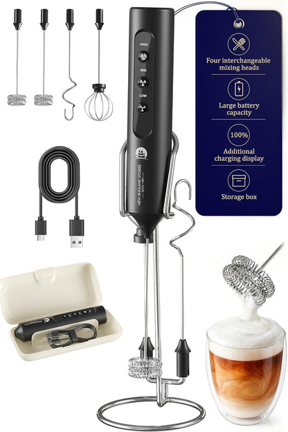 Rechargeable Milk Frother with Stand, 4 Interchangeable Whisks & Travel Case – Handheld Mixer for Lattes, Matcha, Hot Chocolate, Eggs & Protein Shakes1