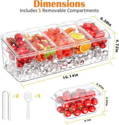 Condiment Tray, Chilled Condiment Server, Bar Accessories on Ice | Condiment Caddy for Home, Party and Celebration, Bar Accessories with Removable Trays and Lids (5 Spoons & 2 Tongs)2