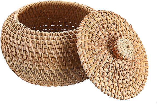 round Rattan Basket Box with Lid Wicker Storage Baskets Bin, X-Small9
