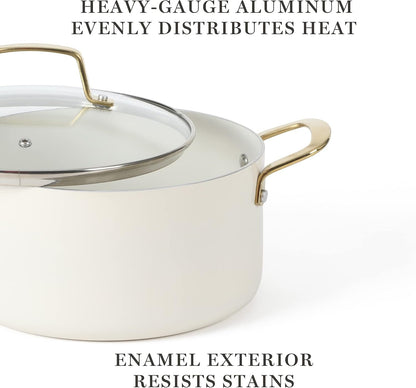Lockton Premium Non Stick Non Toxic PFA Free Ceramic Interior 10 Piece Heavy Gauge Enamel Aluminum Pots and Pans Cookware Set - Linen White W/Gold Handle6