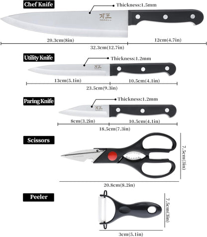 5 Pieces Kitchen Knife Set, Knife Set without Block with Sheathes, Stainless Steel Sharp Blade and Comfortable Handle, Chef Knife Set with Kitchen Scissors and Peeler for Cooking2