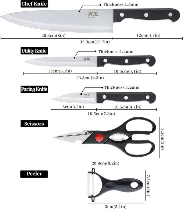 5 Pieces Kitchen Knife Set, Knife Set without Block with Sheathes, Stainless Steel Sharp Blade and Comfortable Handle, Chef Knife Set with Kitchen Scissors and Peeler for Cooking2