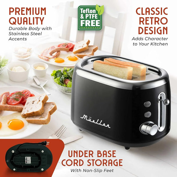 MUELLER HOME Retro Toaster 2 Slice, 7 Browning Levels | 3 Functions (Reheat, Defrost, Cancel), Stainless Steel Features, Removable Crumb Tray, under Base Cord Storage,5
