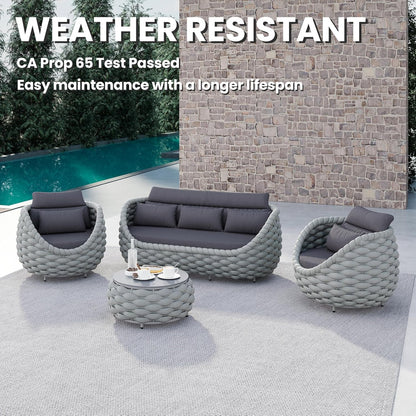 Rope Patio Furniture Set: 4 Pieces Aluminum Outdoor Couch Set Cushioned - Assembled Conversation Sofa Set Modern - Metal Porch Seating for 5 Person - All Weather for Deck Garden Poolside Hotel2