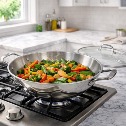 14-Inch Stainless Steel Wok with Glass Lid – Aluminum Core Tri-Ply Construction, Brushed Interior & Polished Exterior, Dual Handles Stir Fry Pan for Gas & Electric Stovetops2
