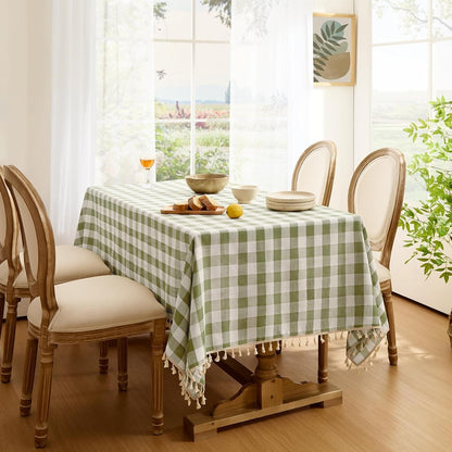 Outdoor Checkered Tablecloth, Linen Cotton Gingham Table Cloths for 6 Foot Rectangle Tables with Tassel, Heavy Duty Wrinkle Free Plaid Table Cover for Picnic Camping - 55 X 84 Inch, Sage3