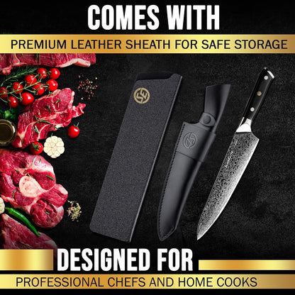Chef Knife VG10 Damascus Steel G10 Handle with Leather Sheath & Blade Guard3