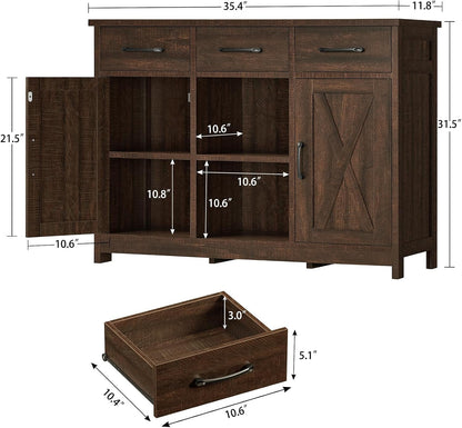 Coffee Bar Cabinet with 3 Drawers, Farmhouse Buffet Cabinet3