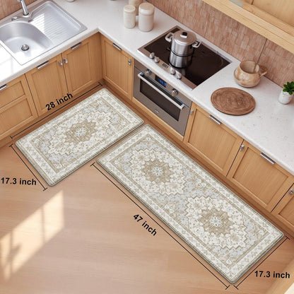 Boho Kitchen Mats for Floor 2PC anti Fatigue Kitchen Rugs, Beige Tan | 17.3"X47"+17.3"X28", PVC Cushioned Comfort, Waterproof Wipe Clean, Non-Slip, 2/5 Inch Farmhouse Standing Mat for Laundry2