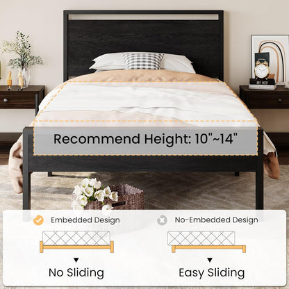 14 Inch Twin Size Metal Platform Bed Frame with Wooden Headboard and Footboard, Mattress Foundation, No Box Spring Needed, Large under Bed Storage, Heavy Duty Slats Support, Black Oak7