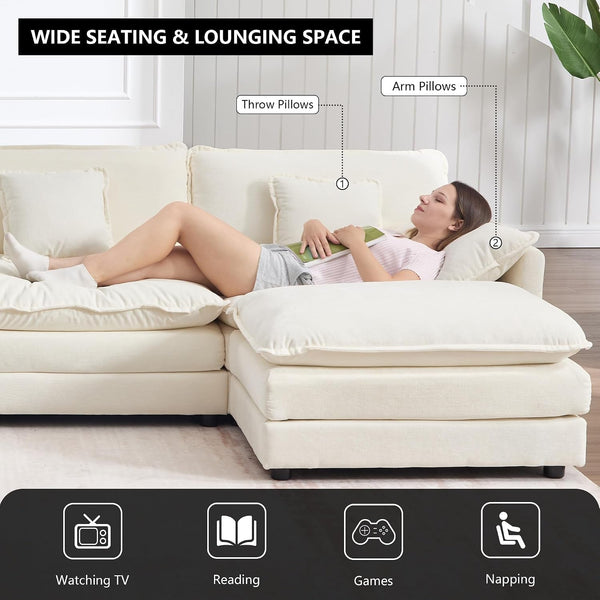 76.7" Beige White Cloud Couch, Small L Shape Sectional Sofa, 2 Seater6