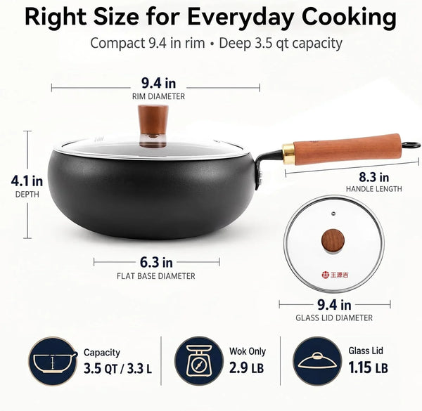 9.5-Inch Carbon Steel Wok with Lid, Flat Bottom Stir Fry Pan | Deep 3.5 QT Bowl for 1–2 Servings; Smooth Carbon Steel Surface; Flat Base for Induction, Gas, Electric and Ceramic Cooktops2