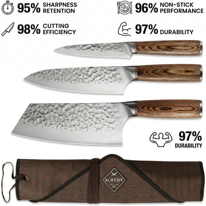 Forged High Carbon Steel Knife Set for Chefs & Grill Masters | Meat Cutting & Outdoor Cooking for Culinary Students, Butcher Cleaver, Honing Rod, Travel Knife Roll, Hand-Hammered Blades5