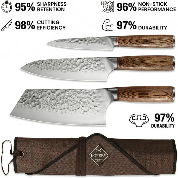 Forged High Carbon Steel Knife Set for Chefs & Grill Masters | Meat Cutting & Outdoor Cooking for Culinary Students, Butcher Cleaver, Honing Rod, Travel Knife Roll, Hand-Hammered Blades5