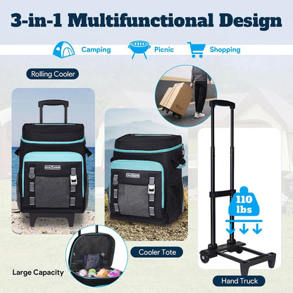 Cooler with Wheels and Handle, 80 Cans/50L Rolling Cooler, Portable Soft Sided Cooler with Wheel, 2-In-1 Collapsible Trolley Cart, Large Coolerbag for Grocery Shopping2