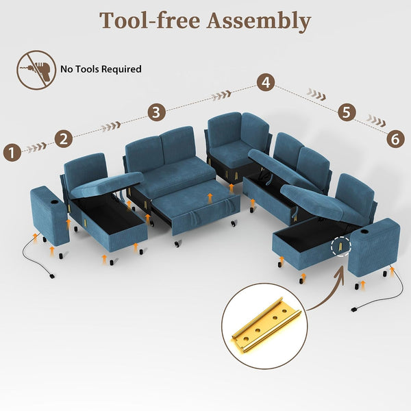 Sectional Sleeper Sofa with Pull Out Couch Bed, 9 Seats Modular L Shaped Cloud Couch with Storage Chaise, Dual Arm Storage & USB Charging, Adjustable Backrest Sofa, Blue Corduroy4