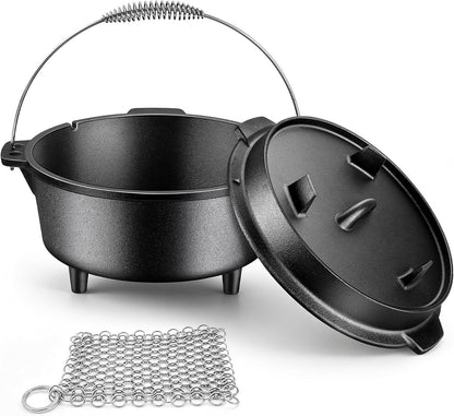 Pre-Seasoned Cast Iron Camp Dutch Oven, 5QT Pot & 2QT Skillet Lid | Open Fire Camping Cookware Set for Outdoor Campfire Cooking - Stewing Chicken,Baking Sourdough Bread, plus Cleaner, Oven Safe1