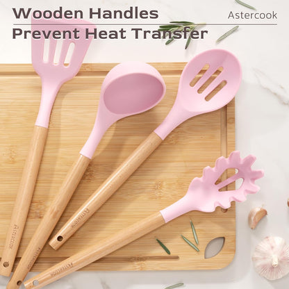 Kitchen Utensils Set, 39 PCS Silicone Cooking Utensils Set with Wooden Handle, 446°F Heat Resistant Food Grade Utensil Sets, BPA Free Kitchen Gadgets Tools Set for Nonstick Cookware (Pink)4