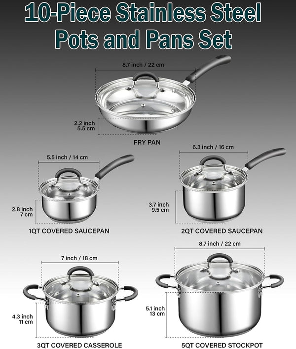 Professional Stainless Steel Cookware Set, 10-Piece | Pots and Pans Kitchen Cooking Set with Stay-Cool Handles, Induction Ready, Oven & Dishwasher Safe,2