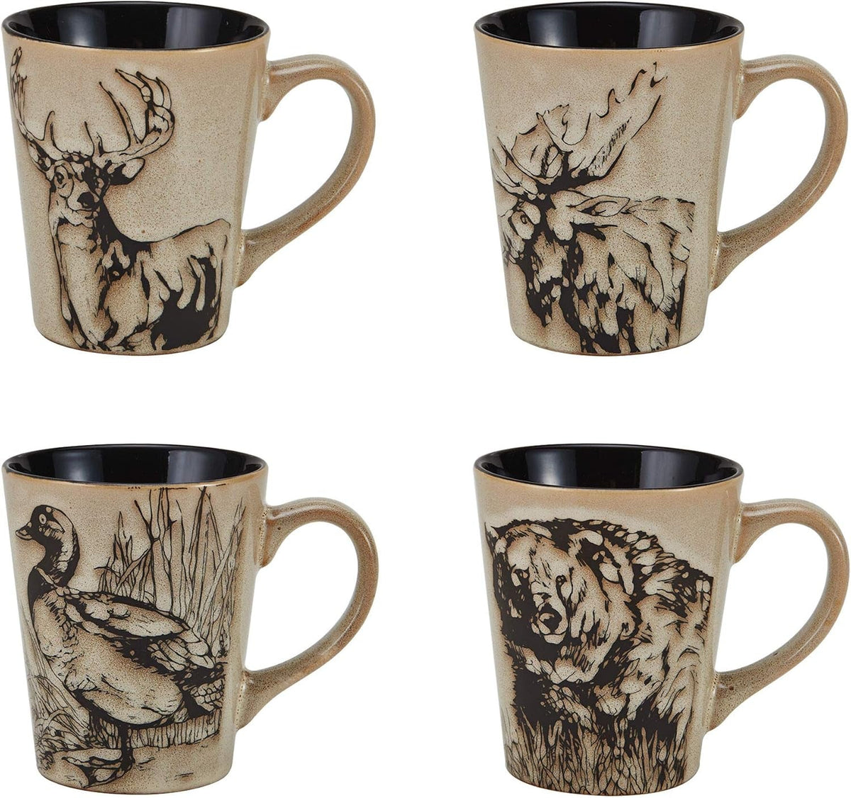 16-piece-stoneware-dinnerware-set-service-for-4-with-dinner-plates-salad-plates-bowls-and-mugs-lodge-style-wildlife-animal-sketch-design-dishwasher-and-microwave-safe
