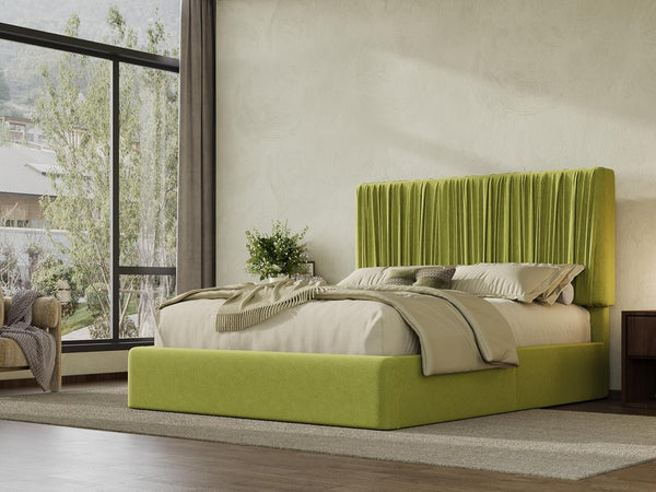 Queen Size Artisanal Pleated Velvet Bed Frame with Adjustable Headboard, Luxurious Upholstered Floor Platform Bed, Modern Low Profile Frame, Green3