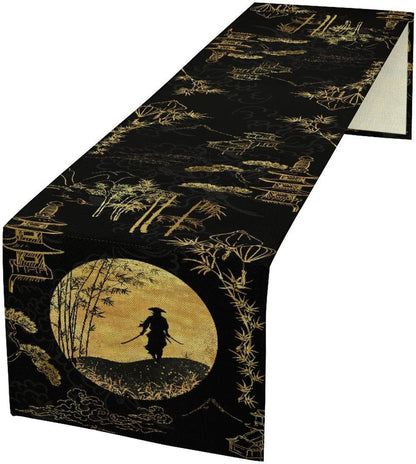 Japanese Samurai Table Runner, Black and Gold Bamboo Asian Zen Decor, Premium Linen Dining Table Cover for Home Kitchen Party,13X108 Inch7