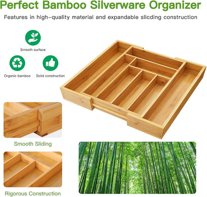 Bamboo Expandable Silverware Drawer Organizer, Adjustable Kitchen Utensil Tray for Forks, Spoons and Knives, Wood Storage Cutlery Holder for Bedroom and Living Room5