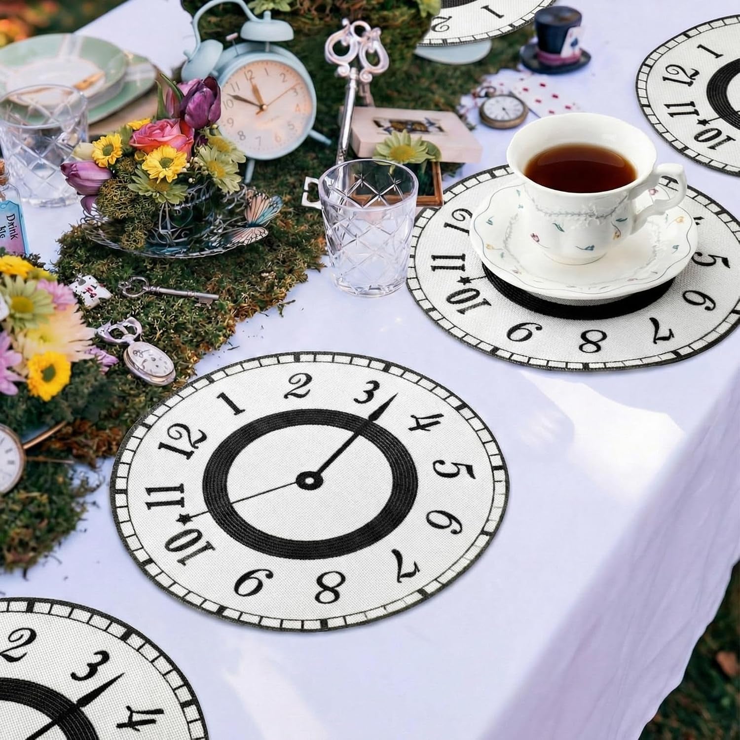 12-pcs-wonderland-tea-party-decoration-clocks-placemats-party-game-table-non-slip-cup-mats-for-dining-kitchen-birthday-baby-shower-decor-supplies