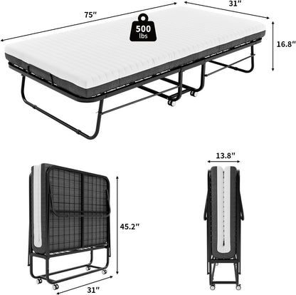 Folding Bed with Mattress, Foldable Roll Away Bed for Adults - 75''X31'', Portable Fold up Guest Beds with 5 Inch Mattress Include Memory Foam, Space Saving Extra Beds Metal Frame2