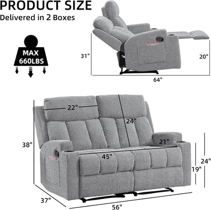 Manual Recliner Sofa Set, Soft Fabric Reclining Loveseat with Side Pockets and Cup Holders, 2 Seat Reclining Couch for Living Room, Office, Light Grey2