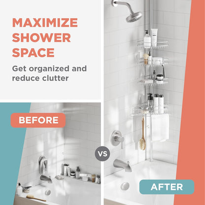 Tension Pole Shower Caddy Corner Organizer, Adjustable Standing Shower Caddy with 4 Baskets and Built in Towel Bar, Rust Resistant Bathroom Tension Rod Organizer, 60 to 97 Inch, Chrome9