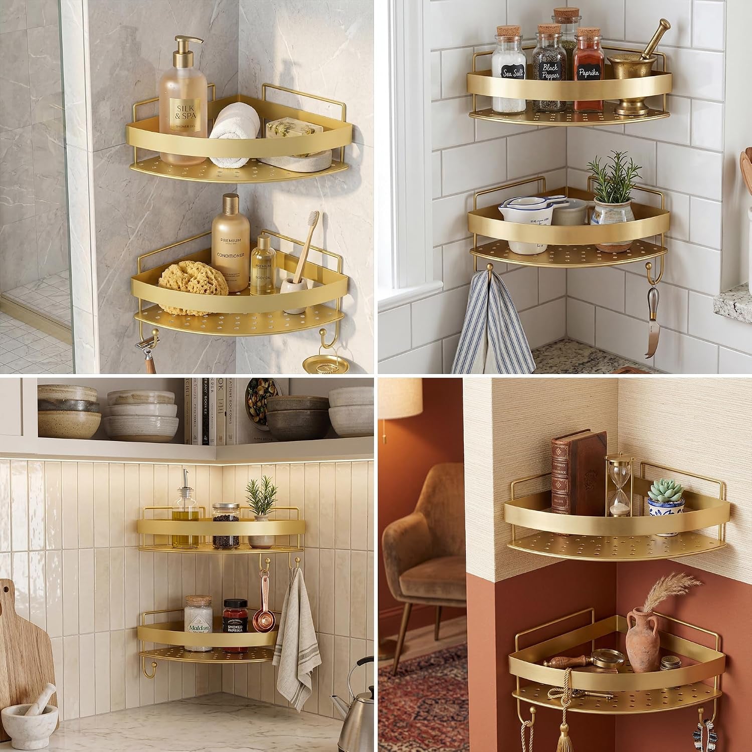 corner-shower-caddy-2-pack-adhesive-gold-shower-organizers-rustproof-stainless-steel-shower-shelves-with-4-hooks-no-drilling-shelves-for-bathroom-storage-home-decor