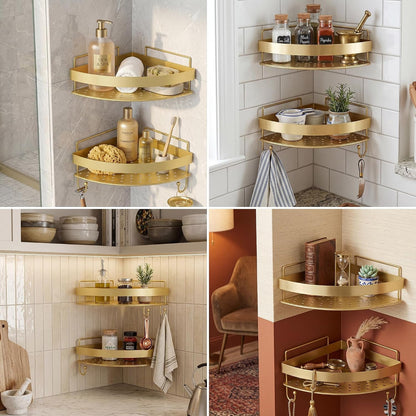 Corner Shower Caddy, 2 Pack Adhesive Gold Shower Organizers, Rustproof Stainless Steel Shower Shelves with 4 Hooks, No Drilling Shelves for Bathroom Storage & Home Decor6