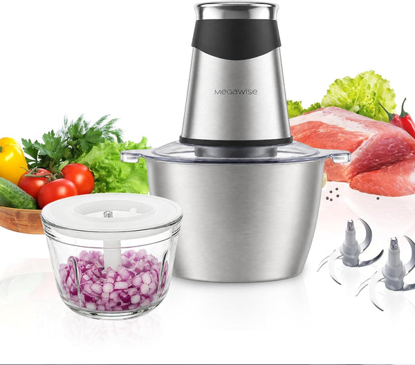 Food Processor, 800W Electric Meat Grinder with 0.6L Glass Bowl & 1.2L Stainless Steel Bowl, Dual Speed Modes and Bi-Level Bladesblades for Meat, Vegetables, Nuts, Fruits, and Baby Food1