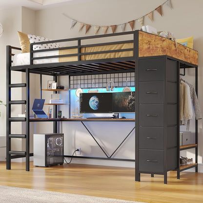 Loft Bed Twin Size with Hall Tree, Charging Station and LED Lights, Metal Loft Bed with L-Shaped Desk, 5 Storage Drawers, Heavy Duty Twin Size Bed with Stairs, No Box Spring Needed, Black1