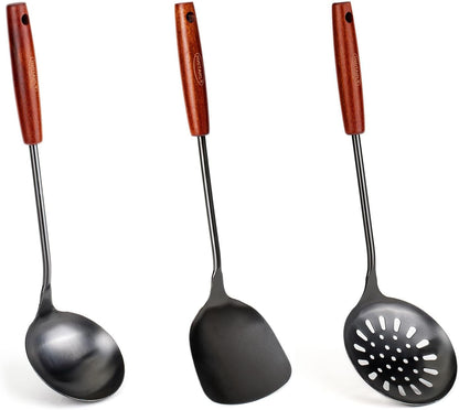 Wok Spatula and Ladle,Skimmer Ladle Tool Set, 17Inches Spatula for Wok, 304 Stainless Steel Wok Spatula,Black1