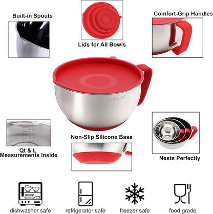 Stainless Steel Mixing Bowls Set with Lids,1.5,3 & 5 Qt,Red2