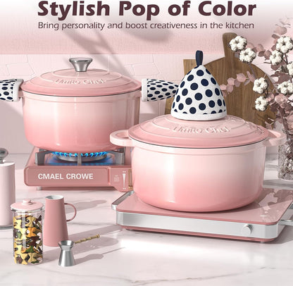 5QT Enameled Cast Iron Dutch Oven Pot with Lid, Heavy-Duty Cookware for Bread Baking, Braising, Stews, Roasting, Wedding Registry Ideas & Gifts (Pink)7