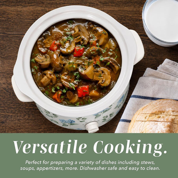 2QT Mini Electric round Slow Cooker - Adjustable Settings, Removable Stoneware Pot, Tempered Glass Lid, Dishwasher Safe, Cool-Touch Side Handles, Floral Blue/Green7