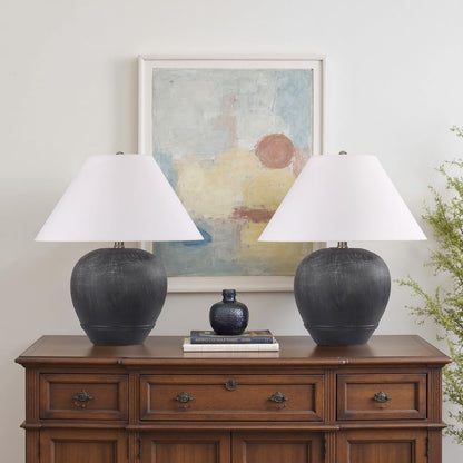 21'' Large Gray Base Ceramic Basin Table Lamp Set of 2 for Bedroom, Living Room, Dining Room, Office, White Shade,White Smudged Black Base8