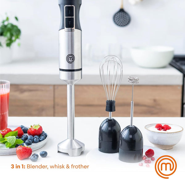 Masterchef Immersion Blender Handheld with Electric Whisk & Milk Frother Attachments, Hand Held Stainless Steel Stick Emulsifier for Making Baby Food, Soup, Puree, Cake, Cappuccino, Latte Etc, 400W2