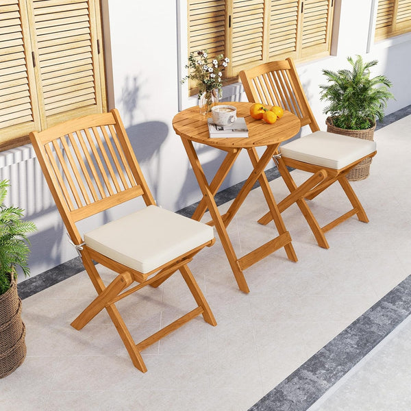 3 Pieces Acacia Wood Patio Folding Bistro Set, Outdoor Table and Chairs Set with Soft Cushions, Patio Furniture Set for Porch, Balcony, Garden, Deck and Backyard8