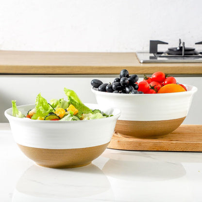 Large Ceramic Serving Bowls Set of 2, 84 Oz 9 Inch White & Terracotta Stoneware Mixing Bowls, Farmhouse Bowls for Salad, Baking, Popcorn & Side Dishes, Dishwasher & Microwave Safe6