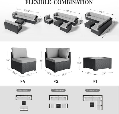 Patio Furniture Set 7 Piece - All-Weather - Wicker Rattan Patio Outdoor Conversation Set, Modular Sectional Sofa for Backyard, Garden, Poolside, Balcony, Porch, Patio, Black/Light Gray5
